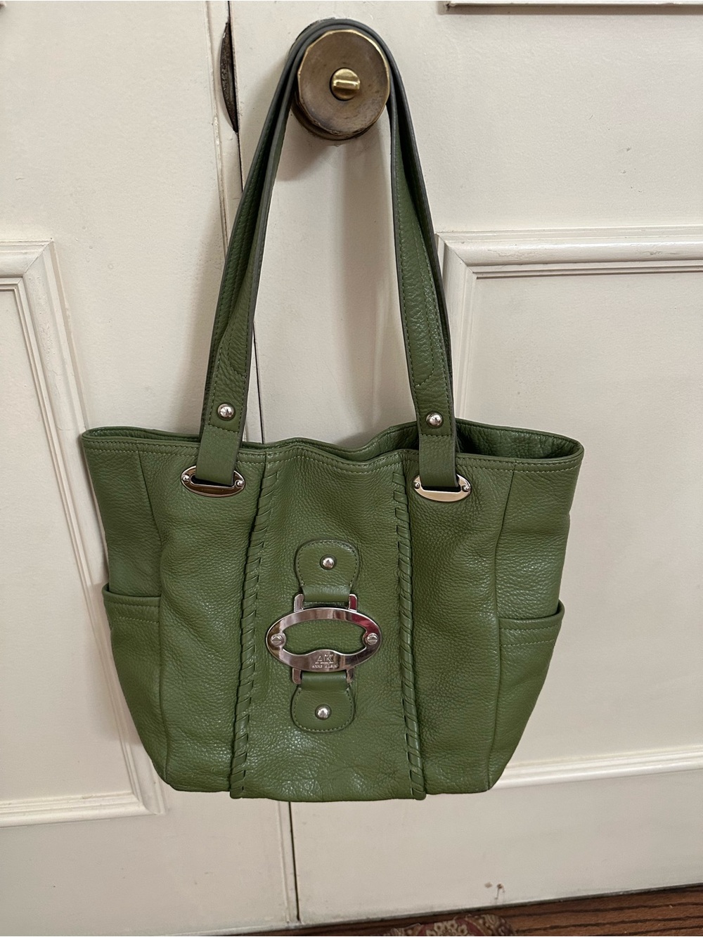 Anne Klein Olive Green Leather Shoulder Tote with Silver Hardware